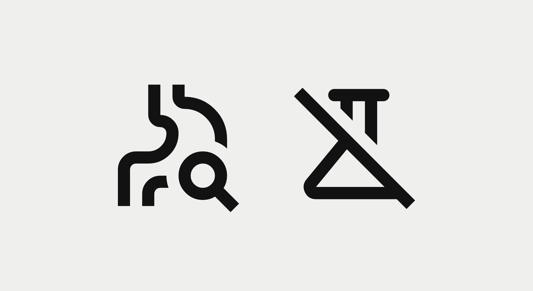 Ein Icon eines Darms und ein Icon mit durchgestrichenem Chemieglas